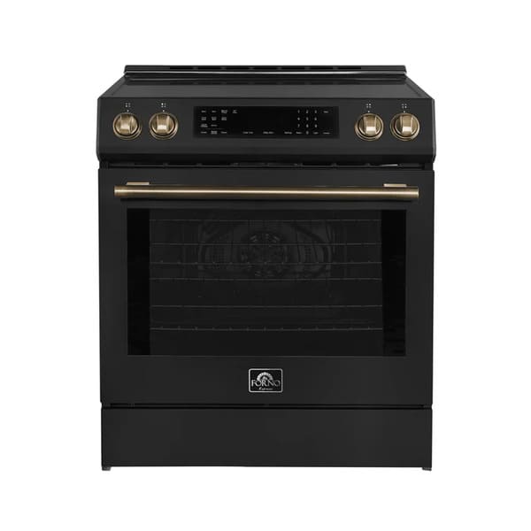 Front view of the FORNO 30-Inch Induction Range in Black, showcasing a smooth glass cooktop, stainless steel control knobs, and a large oven window for clear visibility.