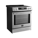 Front left angled view of the FORNO 30-inch induction range in stainless steel, highlighting the smooth cooktop surface, control knobs, and modern stainless steel finish.