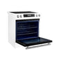Angled view of the FORNO 30-Inch Induction Range in white with the oven door open, showcasing the sleek design, control knobs, and interior oven space.
