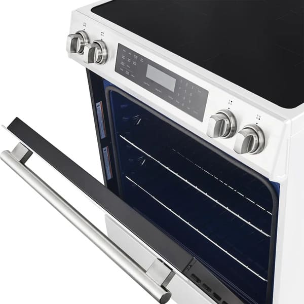 Detailed view of the oven door on the FORNO 30-Inch Induction Range in white, featuring a large glass window and durable stainless steel handle for a sleek, modern look.