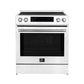Front view of the FORNO 30-Inch Induction Range in white, featuring a sleek cooktop and minimalist control panel.