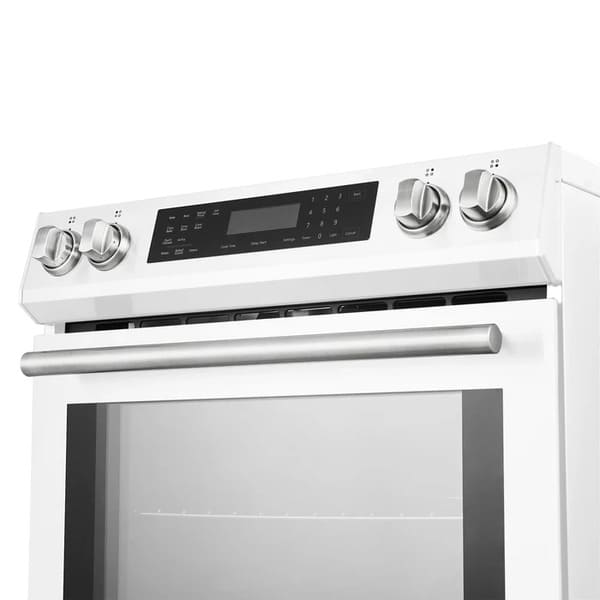 Close-up view of the control knobs on the FORNO 30-Inch Induction Range in white, highlighting the stainless steel finish and precise temperature control settings.