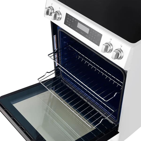 Interior view of the FORNO 30-Inch Induction Range in white, showcasing multiple adjustable oven racks and spacious cooking capacity.