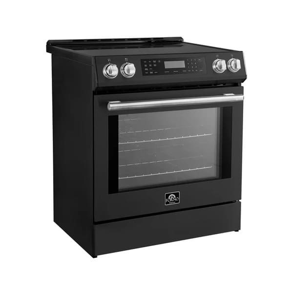 Angled front view of the FORNO 30-Inch Induction Range in Black, highlighting its smooth cooktop surface, stainless steel control knobs, and modern design.