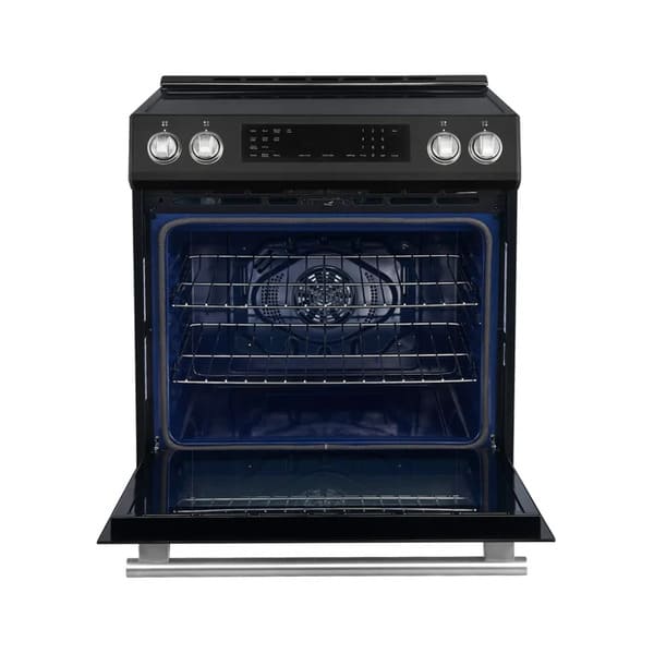 Front view of the FORNO 30-Inch Induction Range in Black with the oven door open, showing the spacious interior with adjustable racks and convection fan.