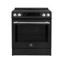 Front view of the FORNO 30-Inch Induction Range in Black, featuring a seamless glass cooktop, bold stainless steel knobs, and a large oven window with a sleek black exterior.