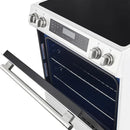 Close-up of the oven door on the FORNO 30-Inch Induction Range in White, featuring a large glass window and a durable stainless steel handle with a clean, modern finish.