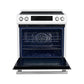 Front view of the FORNO 30-Inch Induction Range in White with the oven door open, displaying the spacious interior, multiple rack positions, and convection fan system.