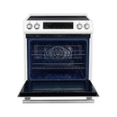 Front view of the FORNO 30-Inch Induction Range in White with the oven door open, displaying the spacious interior, multiple rack positions, and convection fan system.
