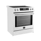 Angled front view of the FORNO 30-Inch Induction Range in White, showcasing its modern design, smooth cooktop surface, and stainless steel control knobs.