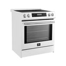 Angled front view of the FORNO 30-Inch Induction Range in White, showcasing its modern design, smooth cooktop surface, and stainless steel control knobs.