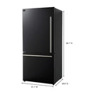 Dimension diagram of the FORNO 31-Inch Bottom Freezer Door Refrigerator in Black, showing detailed measurements for width, depth, and height.