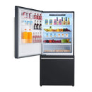 Front view of the FORNO 31-Inch Bottom Freezer Door Refrigerator in Black with both the refrigerator and freezer doors open, showcasing spacious interior compartments, adjustable shelves, and organized freezer storage.
