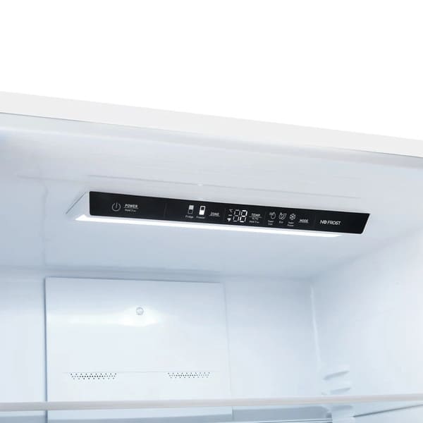Close-up of the digital control panel inside the FORNO 31-inch left-hinge refrigerator in white, showing temperature settings and function controls.
