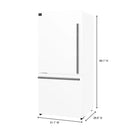 Dimension diagram of the FORNO 31-inch left-hinge refrigerator in white, showing height, width, and depth measurements with labeled arrows.