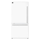 Front view of the FORNO 31-inch left-hinge refrigerator in white, featuring a clean, minimalist design with smooth doors and integrated handles.