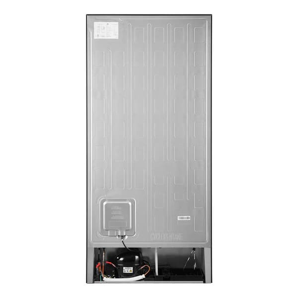 Rear view of the FORNO 31-Inch Refrigerator with Right Hinge in Black, displaying the appliance’s condenser coils, ventilation system, and power connection.
