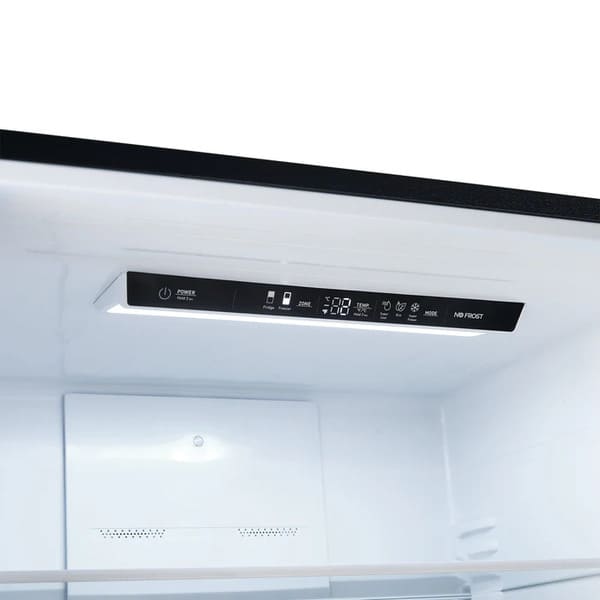 Close-up of the digital control panel inside the FORNO 31-Inch Refrigerator with Right Hinge in Black, displaying temperature settings and touch-sensitive buttons for precise cooling control.