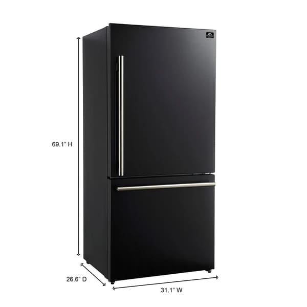 Diagram of the FORNO 31-Inch Refrigerator with Right Hinge in Black, displaying detailed exterior dimensions for width, depth, and height.