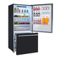 Angled front view of the FORNO 31-Inch Refrigerator with Right Hinge in Black with the door open, showcasing the organized interior layout with adjustable shelves, clear bins, and crisper drawers.