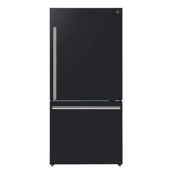 Front view of the FORNO 31-Inch Refrigerator with Right Hinge in Black, showcasing its minimalist design, smooth black finish, and vertical handle for easy access.
