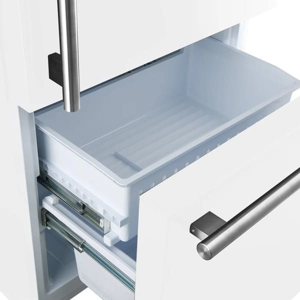 Close-up of the freezer drawer in the FORNO 31-Inch Right-Hinge Refrigerator in white, showing spacious interior storage with smooth-sliding mechanism.