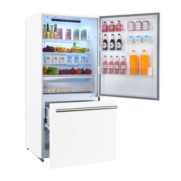  FORNO 31-Inch Right-Hinge Refrigerator in white, front angled view with door open, displaying interior storage including adjustable shelves and clear drawers.