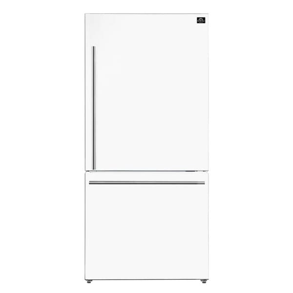 Front view of the FORNO 31-inch right-hinge refrigerator in a sleek white finish, showcasing its minimalist design and smooth doors.