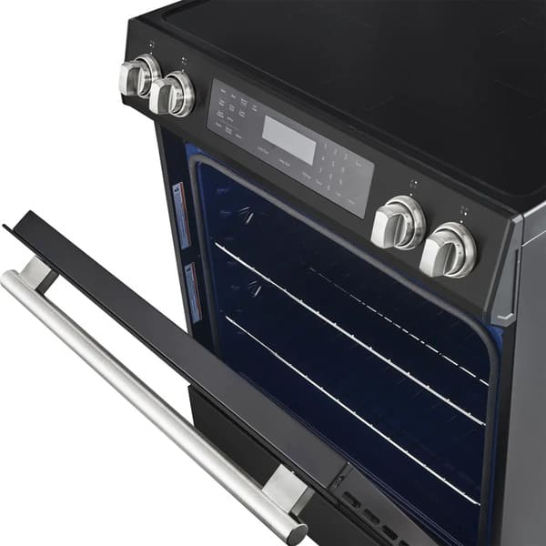 Close-up of the door on the FORNO 31-Inch Refrigerator with Right Hinge in Black, highlighting the smooth matte black finish and vertical handle for a modern, minimalist look.
