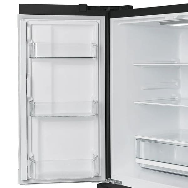 Close-up of the door bins inside the FORNO 36-Inch French Door Refrigerator in Black, featuring transparent compartments for easy organization of beverages, condiments, and small items.