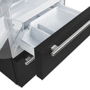 View of the freezer drawers in the FORNO 36-Inch French Door Refrigerator in Black, featuring spacious pull-out compartments for organized and accessible frozen food storage.