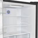 Interior view of the FORNO 36-Inch French Door Refrigerator in Black, highlighting the crisper drawers and glass shelves designed for fresh food storage and flexible organization.