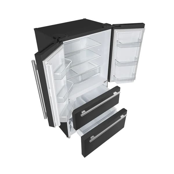 Angled front view of the FORNO 36-Inch French Door Refrigerator in Black with both doors open, showcasing the bright, spacious interior with adjustable shelves, crisper drawers, and ample door storage.