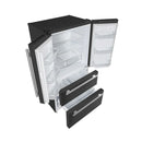 Angled front view of the FORNO 36-Inch French Door Refrigerator in Black with both doors open, showcasing the bright, spacious interior with adjustable shelves, crisper drawers, and ample door storage.