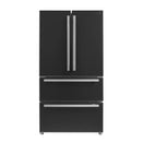 Front view of the FORNO 36-Inch French Door Refrigerator in Black, featuring a sleek matte black finish, twin French doors, and a bottom freezer drawer for modern, efficient storage.