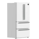 Angled front view of the FORNO 36-Inch French Door Refrigerator in White, showcasing its elegant finish, contoured French doors, and modern handle design.