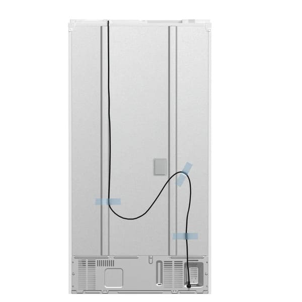 Rear view of the FORNO 36-Inch French Door Refrigerator in White, showing the appliance's ventilation components, power cord, and condenser area.