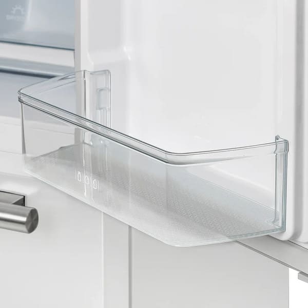 Close-up of the door bins inside the FORNO 36-Inch French Door Refrigerator in White, highlighting transparent, deep storage compartments for bottles and condiments.