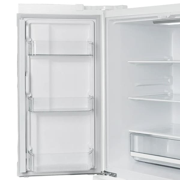 Close-up view of the FORNO 36-Inch French Door Refrigerator in White showing the interior door bins, designed for storing bottles, condiments, and other small items.