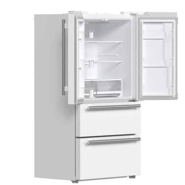 FORNO 36-Inch French Door Refrigerator in White shown with both doors open at an angle, displaying interior shelving, drawers, and ample food storage space.