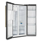 Angled front view of the FORNO 36-Inch Side-by-Side Refrigerator with Water Dispenser in Black with both doors open, highlighting the spacious, well-organized interior with adjustable shelving, crisper drawers, and door bins.