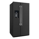 Angled front view of the FORNO 36-Inch Side-by-Side Refrigerator with Water Dispenser in Black, highlighting its contemporary design, sleek black finish, and integrated water and ice dispenser.