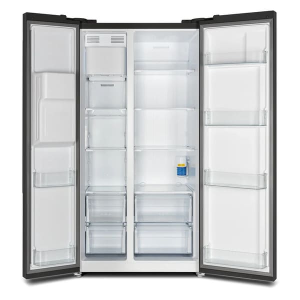 Front view of the FORNO 36-Inch Side-by-Side Refrigerator with Water Dispenser in Black with both doors open, showcasing the well-lit interior, adjustable shelves, crisper drawers, and ample door storage compartments.