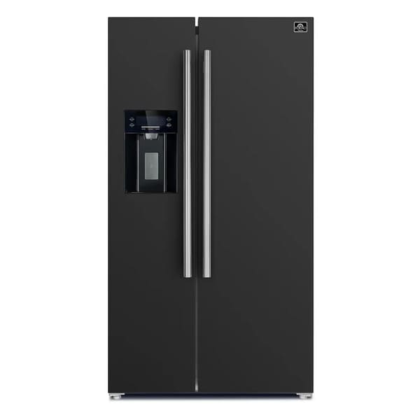 Front view of the FORNO 36-Inch Side-by-Side Refrigerator with Water Dispenser in Black, featuring flat-panel doors, minimalist handles, and a built-in water and ice dispenser for modern functionality.