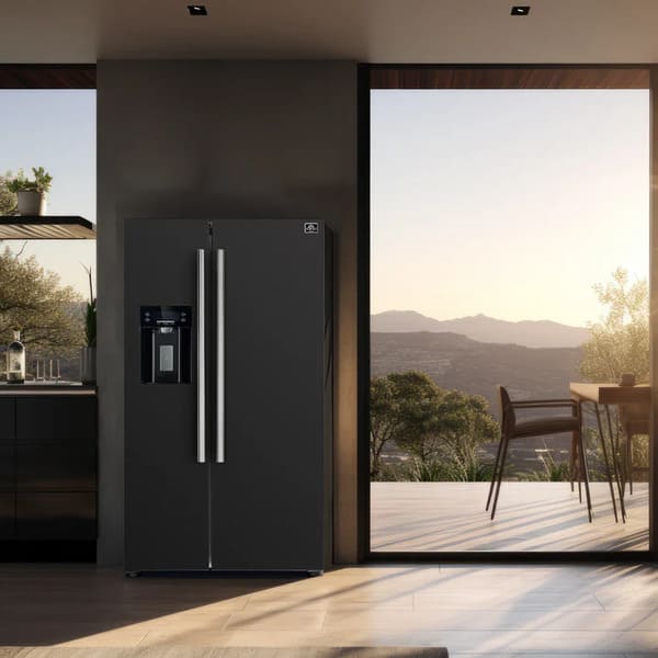 Lifestyle image of the FORNO 36-Inch Side-by-Side Refrigerator with Water Dispenser in Black, integrated into a modern kitchen, showcasing its sleek black finish and built-in dispenser for convenient access to water and ice.