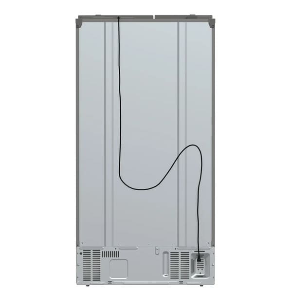 Back view of the FORNO 36-inch side-by-side refrigerator in stainless steel, showing the ventilation system, power cord, and rear access panel.