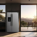 Lifestyle view of FORNO 36-inch side-by-side refrigerator in stainless steel with built-in water dispenser, shown in a modern kitchen setting.