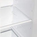 Interior view of a shelf inside the FORNO 36-inch side-by-side refrigerator in stainless steel, showcasing adjustable glass shelving and spacious storage layout.