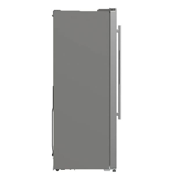 Side view of the FORNO 36-inch side-by-side refrigerator in stainless steel, highlighting the sleek profile, smooth finish, and recessed handle design.