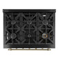 Top-down view of the FORNO Antico 36-Inch Gas Range in black, showcasing six brass burners, heavy-duty cast iron grates, and a sleek black stainless steel cooktop surface.